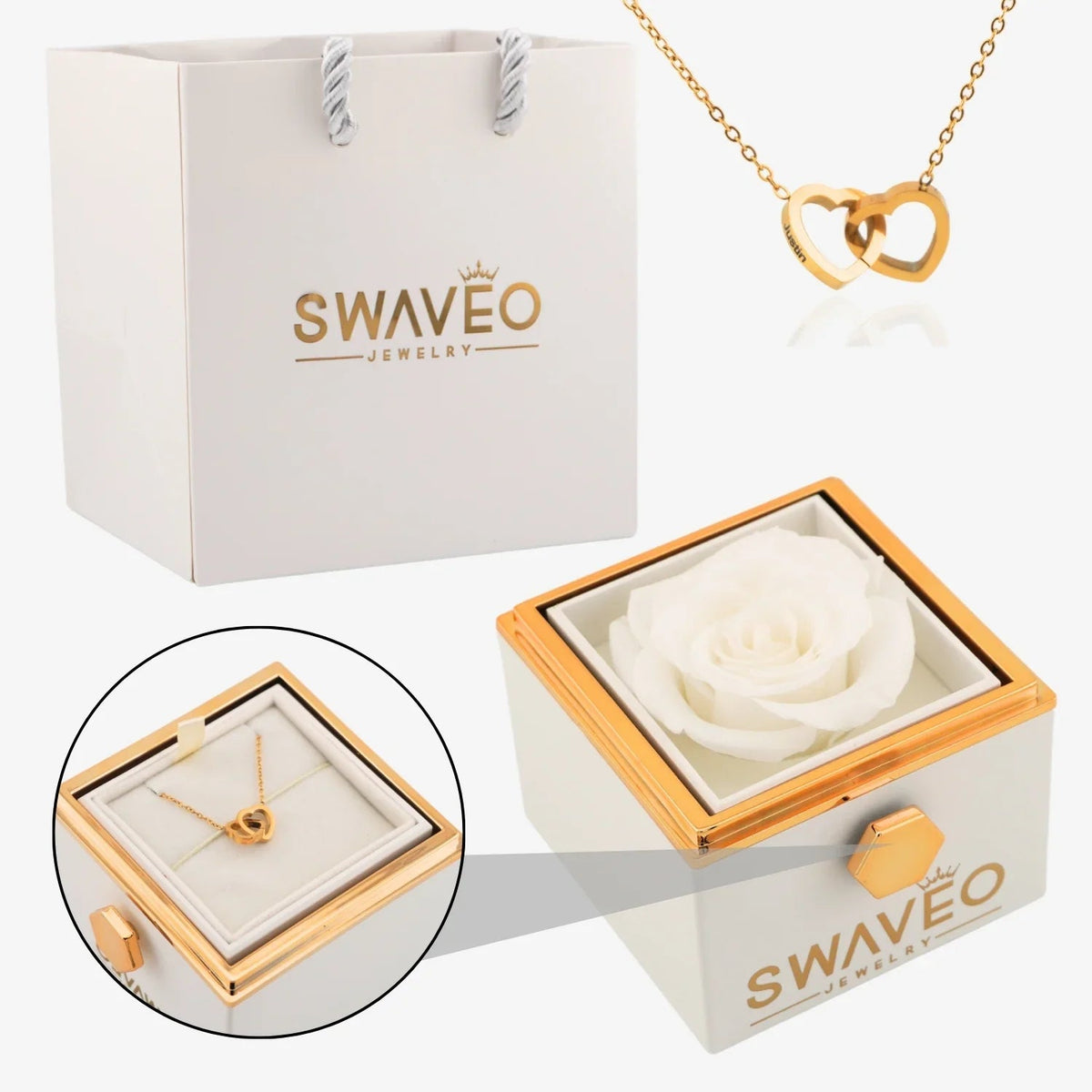 Senvoa white gift bag, white box with white rose, and gold heart necklace engraved with names.