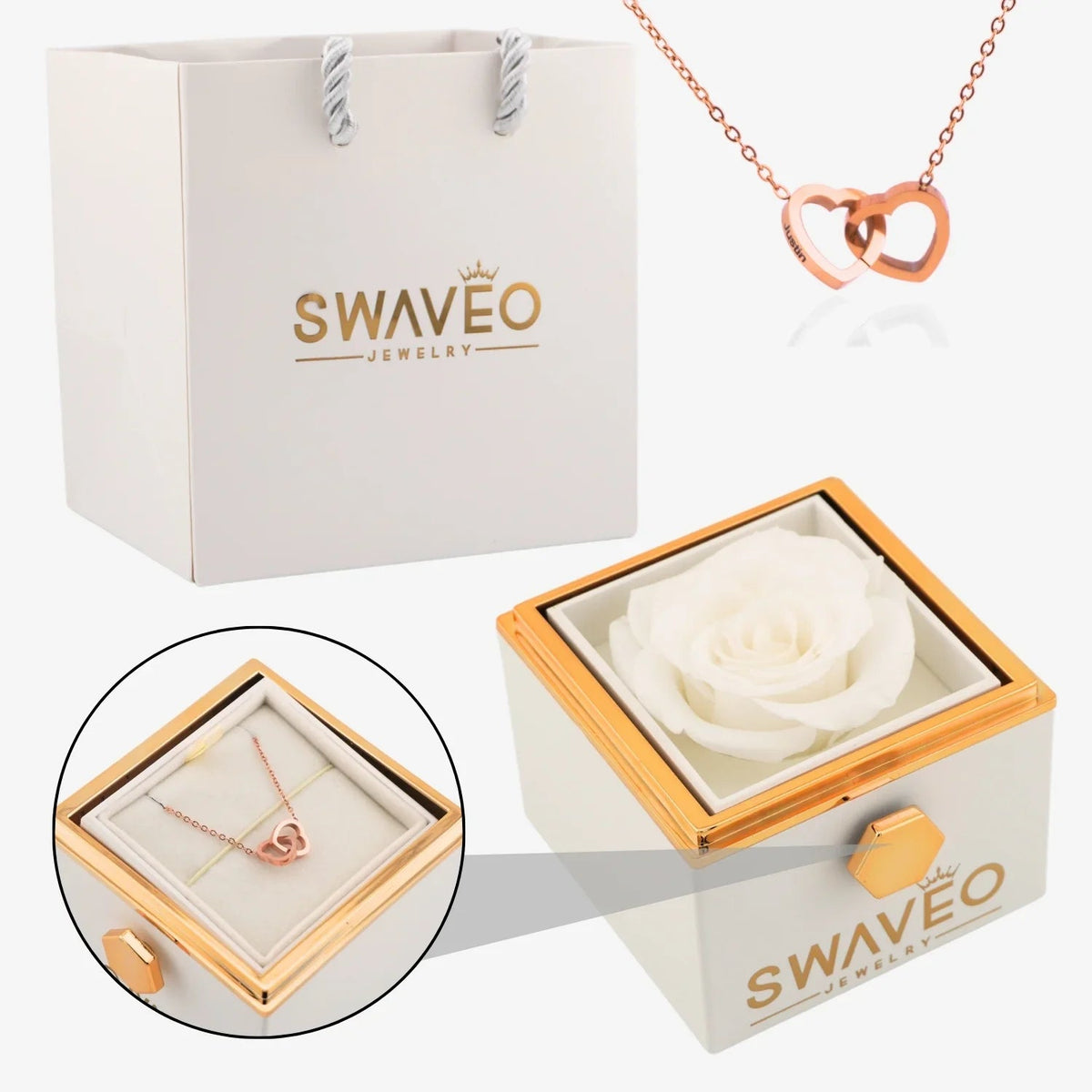 Senvoa white gift bag, white box with white rose, and rose gold heart necklace engraved with names.