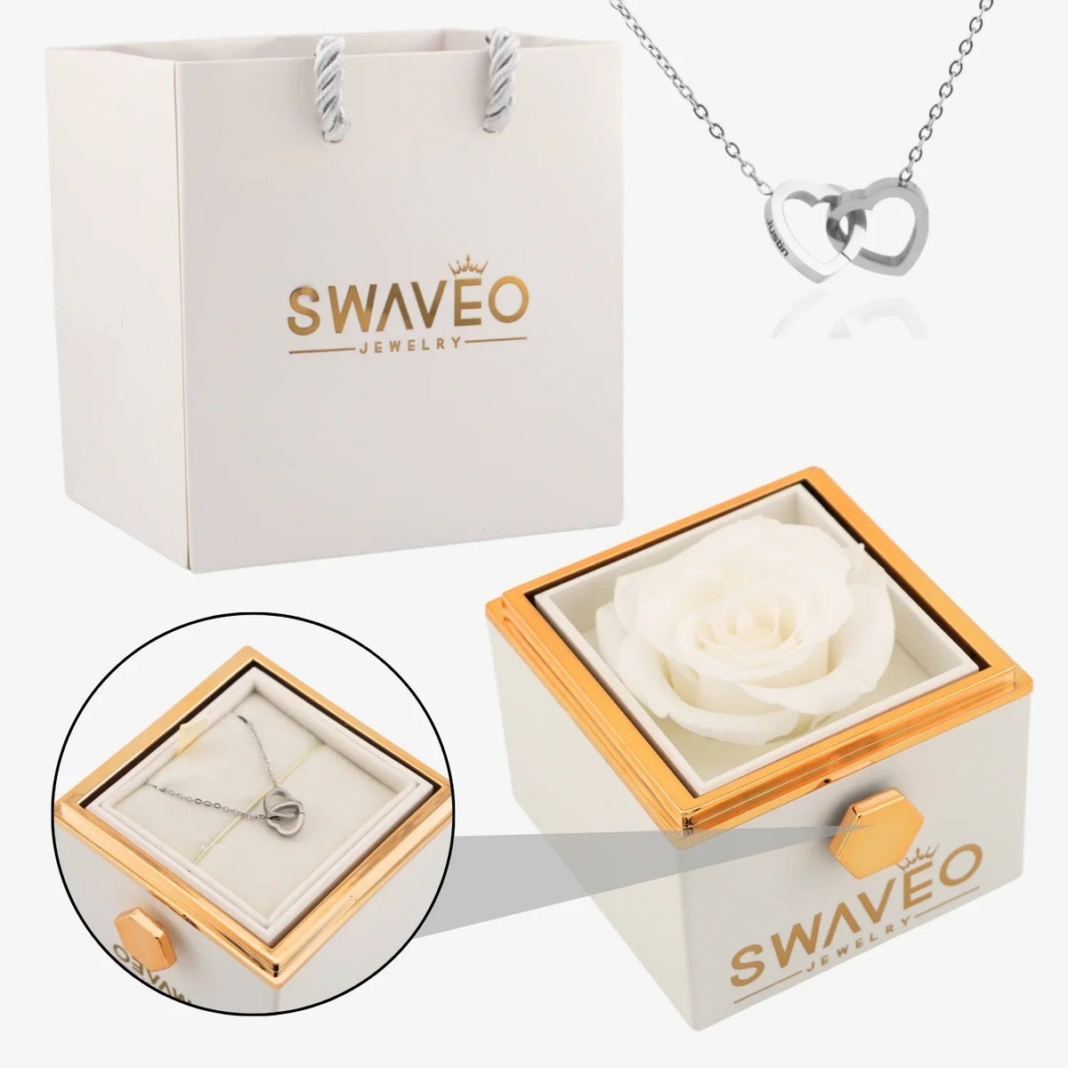 Senvoa white gift bag, white box with white rose, and silver heart necklace engraved with names.