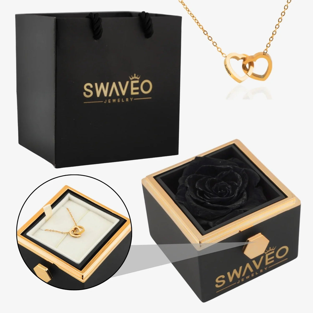 Senvoa black gift bag, black box with black rose, and gold heart necklace engraved with names.
