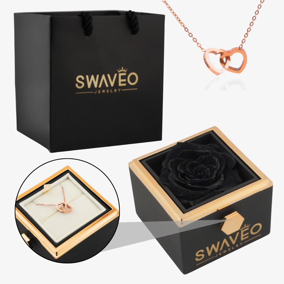 Senvoa black gift bag, black box with black rose, and rose gold heart necklace engraved with names.