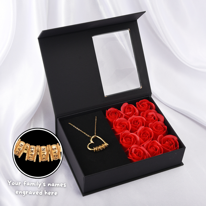 Heart of Our Family – Personalised Necklace with A Dozen Roses Box