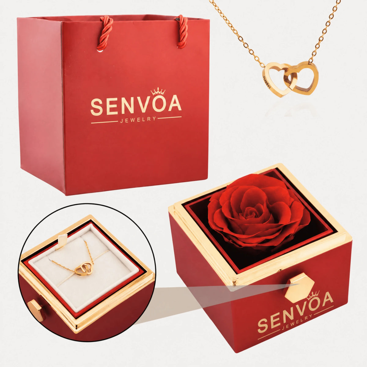 Senvoa red gift bag, red box with red rose, and gold heart necklace engraved with names.