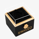 Senvoa black rose box with a black preserved rose under a clear cover.