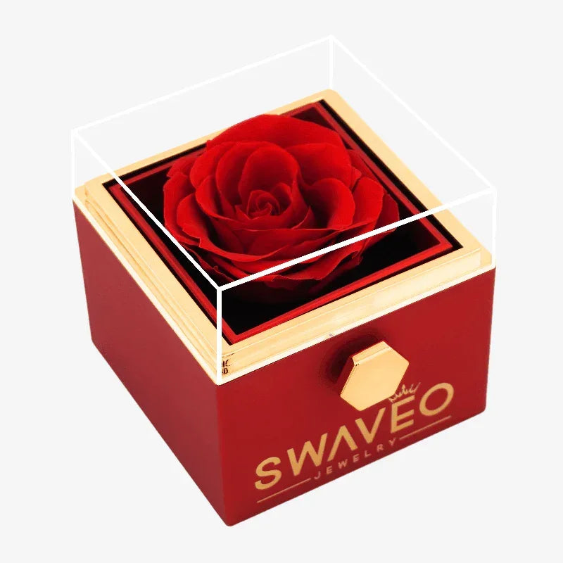 Senvoa red rose box with a red preserved rose under a clear cover.