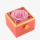 Senvoa pink rose box with a pink preserved rose under a clear cover.